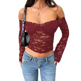Canli4Y Y2K Slim Top Weinrot Omzu Açık Dantelli Kadın T-shirt