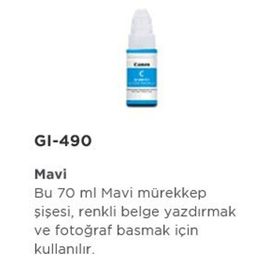 Canon GI-490C Mavi G1400 G2400 G3400 Tanklı Mürekkep