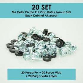Canovate M6 Rack Kabinet Çinko Kaplamalı 20 Adet Çelik Cıvata Pul Vida Kafes Somun Seti