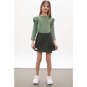 Cansın Mini 18269 Haki Çizgili Şort Etekli Volanlı Badili Kız Çocuk Takım