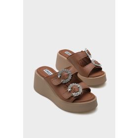 Capone Outfitters Charm Hakiki Deri Dolgu Topuklu Taşlı Çift Bantlı Konfor Kadın Terlik