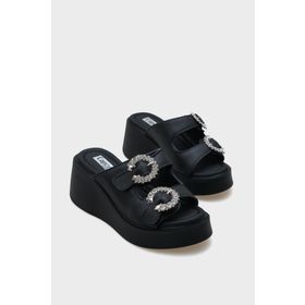 Capone Outfitters Charm Hakiki Deri Dolgu Topuklu Taşlı Çift Bantlı Konfor Kadın Terlik