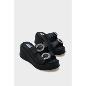Capone Outfitters Charm Hakiki Deri Dolgu Topuklu Taşlı Çift Bantlı Konfor Kadın Terlik