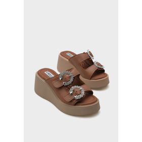 Capone Outfitters Charm Hakiki Deri Dolgu Topuklu Taşlı Çift Bantlı Konfor Kadın Terlik