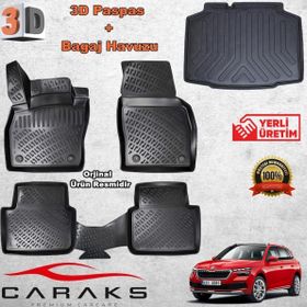 Caraks Skoda Kamiq 2020 Sonrası Siyah 3D Bagaj Havuzu + Havuzlu Paspas
