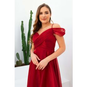 Carmen Bordo Organze Düşük Kol Kısa Abiye Elbise