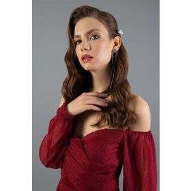 Carmen Kırmızı Simli Carmen Yaka Uzun Kollu Nişanlık