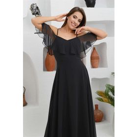 Carmen Siyah Düşük Kollu Askılı Uzun Abiye Elbise