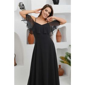 Carmen Siyah Düşük Kollu Askılı Uzun Abiye Elbise