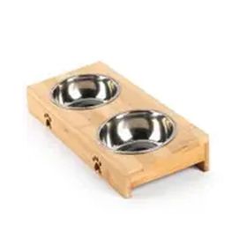 Carno Kedi ve Küçük Irk Köpekler İçin 2x200 ml Ahşap Sehpalı İkili Çelik Mama ve Su Kabı