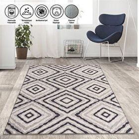 Carpettex İskandinav Tarzı Geometrik Karo Desenli Gri Tonlarda Kaymaz Taban Makinada Yıkanabilir 80x150 cm Halı