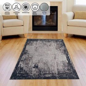 Carpettex Kaymaz Taban Makinada Yıkanabilir 80x150 cm Modern Abstrak Klasik Eskitme Desenli Siyah Gri Halı