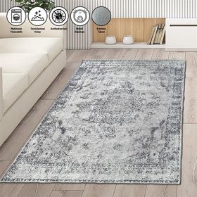 Carpettex Kaymaz Taban Makinada Yıkanabilir 80x150 cm Modern Abstrak Klasik Eskitme Desenli Siyah Gri Halı