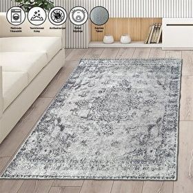 Carpettex Kaymaz Taban Makinada Yıkanabilir 80x150 cm Modern Abstrak Klasik Eskitme Desenli Siyah Gri Halı