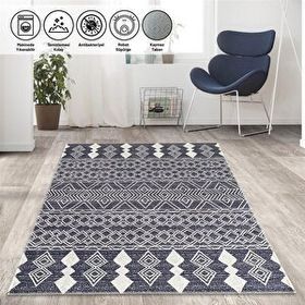 Carpettex Kaymaz Taban Makinada Yıkanabilir 80x50 cm Marokan Tarzı Otantik Kilim Desenli Koyu Gri Halı