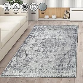 Carpettex Kaymaz Taban Makinada Yıkanabilir 80x50 cm Modern Klasik Eskitme Desenli Gri Halı
