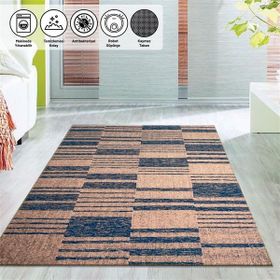 Carpettex Kaymaz Yıkanabilir 80x50 cm Çizgi Tarama Modern Desenli Bej Mavi Halı