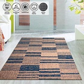 Carpettex Kaymaz Yıkanabilir 80x50 cm Çizgi Tarama Modern Desenli Bej Mavi Halı
