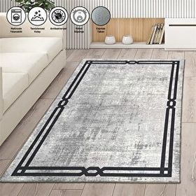 Carpettex Modern Abstrak Bordür Desenli Siyah Gri Kaymaz Taban Makinada Yıkanabilir 120x160 cm Halı