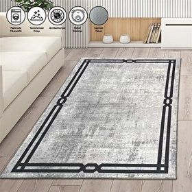 Carpettex Modern Abstrak Bordür Desenli Siyah Gri Kaymaz Taban Makinada Yıkanabilir 120x160 cm Halı