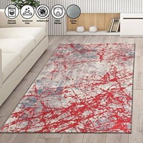 Carpettex Modern Abstrak Çizgi Karma Desenli Kırmızı Kaymaz Taban Makinada Yıkanabilir 100x150 cm Halı
