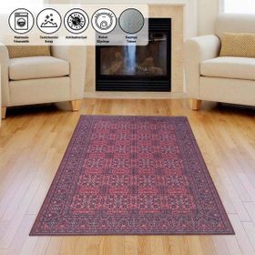 Carpettex Modern Klasik Afgan Desenli Kırmızı Siyah Kaymaz Taban Makinada Yıkanabilir 100x150 cm Halı