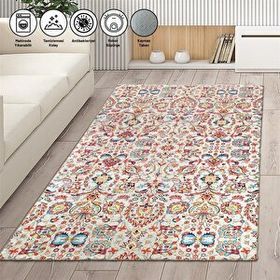 Carpettex Modern Klasik Eskitme Osmanlı Desenli Kırmızı Beyaz Karma Renkli Kaymaz Taban Makinada Yıkanabilir 120x160 cm Halı