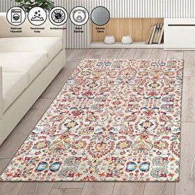 Carpettex Modern Klasik Eskitme Osmanlı Desenli Kırmızı Beyaz Karma Renkli Kaymaz Taban Makinada Yıkanabilir 120x160 cm Halı