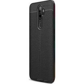 CaseStreet OPPO A9 2020 Niss Deri Görünümlü Nano Glass Siyah Silikon Cep Telefonu Kılıf