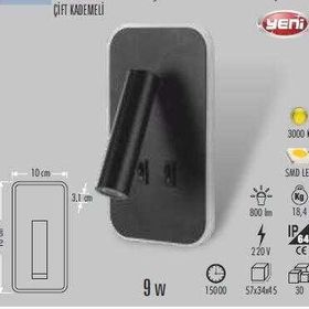 CATA000524 Cata 9W Tuvalu Siyah Çift Kademeli Yatak Başı Aplik 3000K Gün Işığı Ct-5243