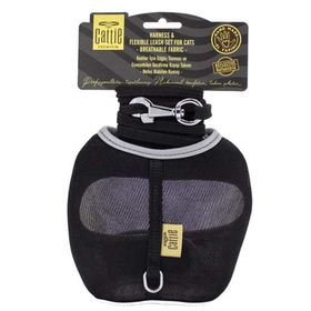 Cattie Siyah 1x25-35 cm Havalı Dokuma Kedi Göğüs ve Gezdirme Takımı