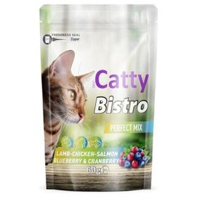 Catty Bistro Mükemmel Karışım Kuzulu Tavuklu Somonlu Yaban Mersinli Ve Kızılcıklı 60 gr Kedi Ödül Maması