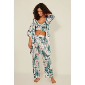 C&City 045 3Lü Kadın Desenli Saten Ekru/Yeşil Pijama Takım