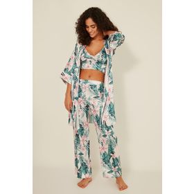 C&City 045 3Lü Kadın Desenli Saten Ekru/Yeşil Pijama Takım