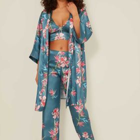 C&City 045 Turkuaz Kadın Desenli Saten 3'lü Pijama Takım