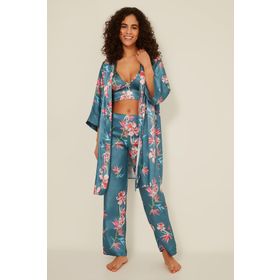 C&City 045 Turkuaz Kadın Desenli Saten 3'lü Pijama Takım