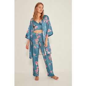 C&City 045 Turkuaz Kadın Desenli Saten 3'lü Pijama Takım