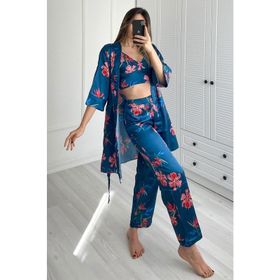 C&City 045 Turkuaz Kadın Desenli Saten 3'lü Pijama Takım
