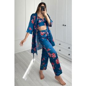 C&City 045 Turkuaz Kadın Desenli Saten 3'lü Pijama Takım