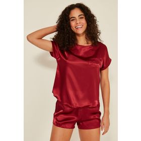 C&City 080 Bordo Kadın Saten T-Shirt Şort Takım