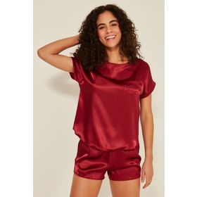 C&City 080 Bordo Kadın Saten T-Shirt Şort Takım