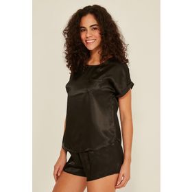 C&City 080 Siyah Kadın Saten T-Shirt Şort Takım