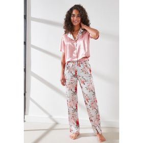 C&City 9066 Pembe Ekru Kadın Saten Crop Gömlek Pantolon Pijama Takımı