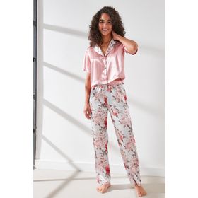 C&City 9066 Pembe Ekru Kadın Saten Crop Gömlek Pantolon Pijama Takımı