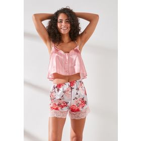 C&City 9068 Pembe Ekru Kadın Dantelli Saten Düğmeli Atlet Şort Pijama Takımı