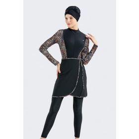 C&City C13059 Leopar Etekli Taytlı Tam Kapalı Tesettür Mayo