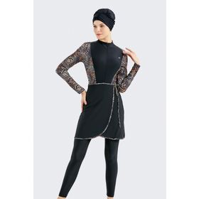 C&City C13059 Leopar Etekli Taytlı Tam Kapalı Tesettür Mayo