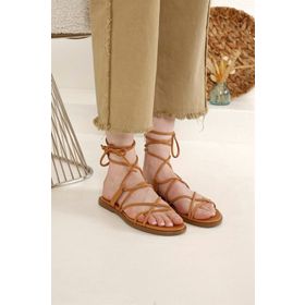 Ccway Camel Cilt İp Bağlamalı Kadın Sandalet