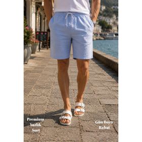 Cedy Denim C348 - Açık Gri Sentetik Keten Yüksek Bel Lastikli, Bol Kesim Erkek Şort
