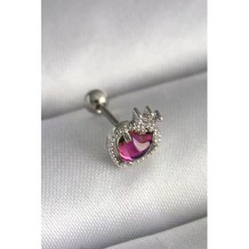 Çelik Gümüş Renk Pembe Mineli Zirkon Taş Detaylı Taç Tragus Piercing